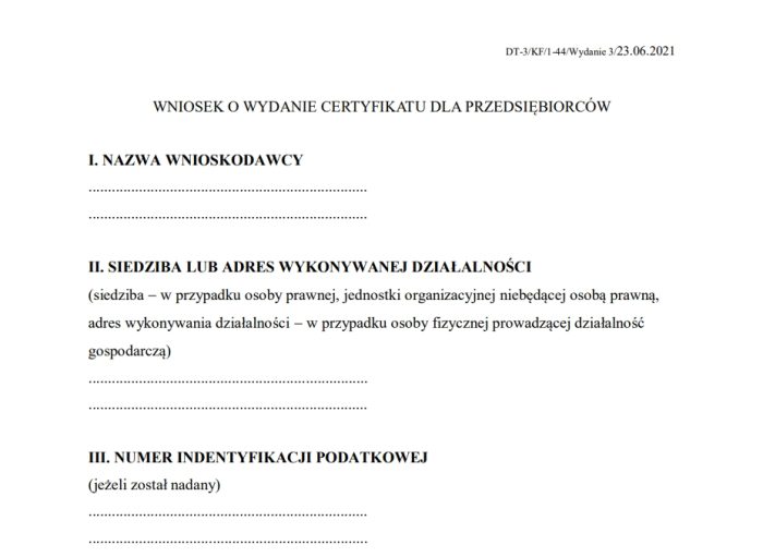 WNIOSEK O WYDANIE CERTYFIKATU DLA PRZEDSIĘBIORCÓW