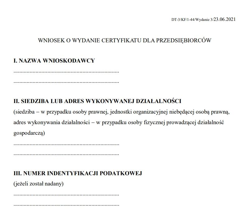 WNIOSEK O WYDANIE CERTYFIKATU DLA PRZEDSIĘBIORCÓW