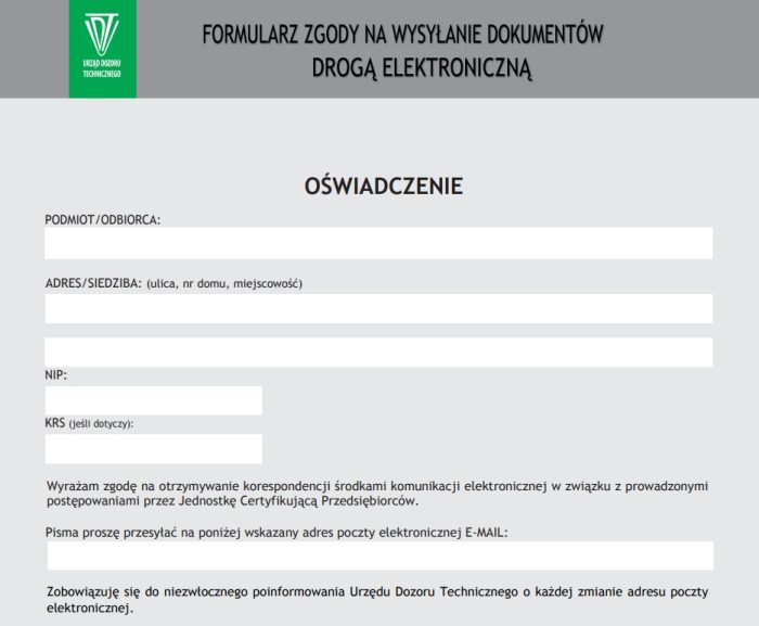 formularz zgody na wysyłanie dokumentów drogą elektroniczną