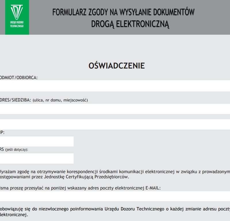 formularz zgody na wysyłanie dokumentów drogą elektroniczną