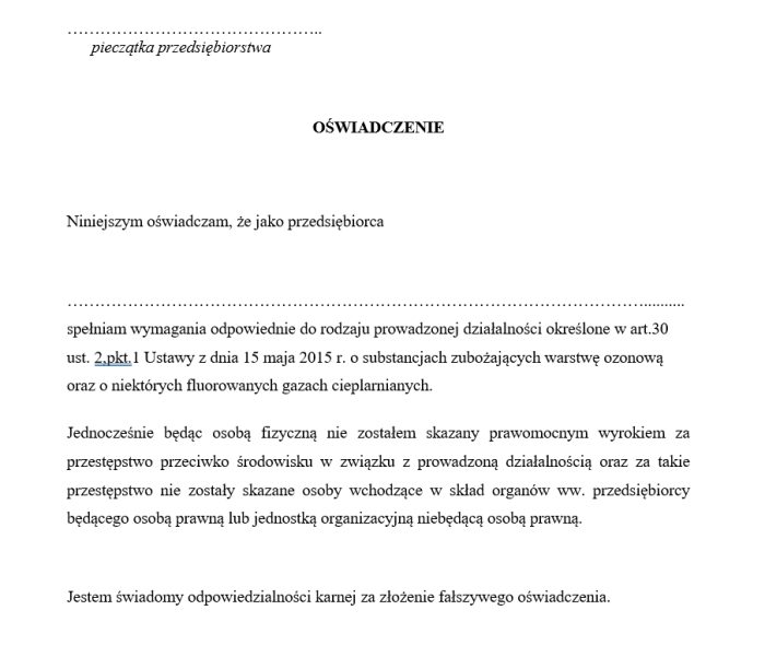 Oświadczenie o niekaralności dla UDT oraz spełnieniu wymagań F-Gaz
