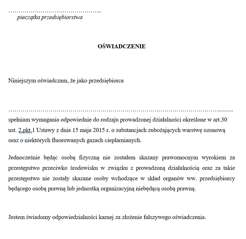Oświadczenie o niekaralności dla UDT oraz spełnieniu wymagań F-Gaz